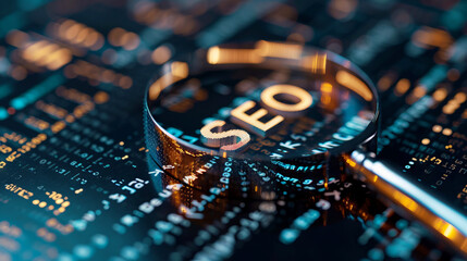 SEO sign seen through a magnifying glass over a vibrant circuit board, data analytics and keywords research in search engine optimization, web visibility in digital marketing concept.