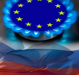 europe flag and hob burner of blue gas with russian flag below, cost of gas, the euro crisis, sancions on russian gas, hob with blue gas flame and euro sign