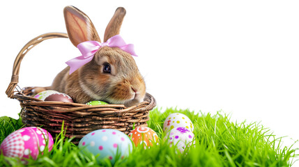 Easter Bunny surrounded by colorful eggs in a basket, celebrating the holiday in a cute and festive 