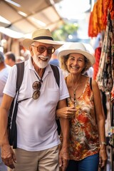 Wall Mural - Senior couple Tourist buying local products at a bazar market. AI Generated.