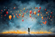 A Child With Balloons. Illustration Of The Concept Of Kindness