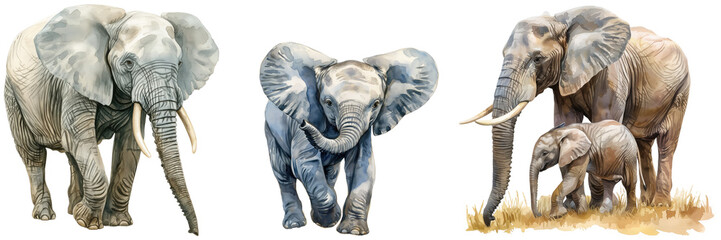 Wall Mural - Watercolour style clipart bundle of african elephants, adult and baby, isolated on a transparent background