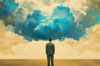 Image of a man deep in thought, with a cloud in front of him against a yellow, melancholic background. Depicting the concept of feeling sad and contemplative.