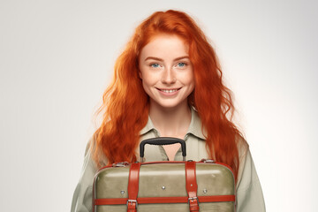 Young pretty redhead girl over isolated white background holding a suitcase