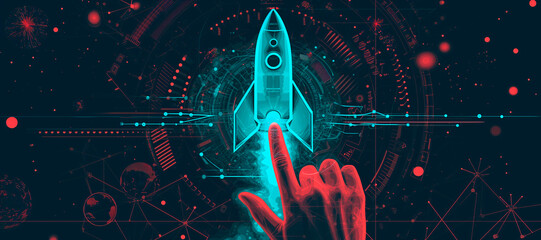 Wall Mural - a hand touching a rocket. How to improve web search engine ranking?, in the style of a futuristic spaceship design. online connectivity concept. business positioning. web sector. Red and blue