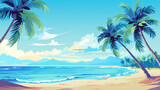 Fototapeta  - tropical sunrays on the background of beach palms and ocean waves, tropical landscape
