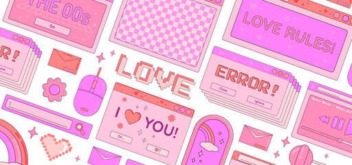 Wall Mural - valentine's day y2k banner with retro computer desktop windows, rainbow, lollipops, flowers and pixe