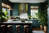 Fototapeta  - Green Living: Realistic Modern Kitchen Room Greenery Film Capture of Indoor Jungle Paradise