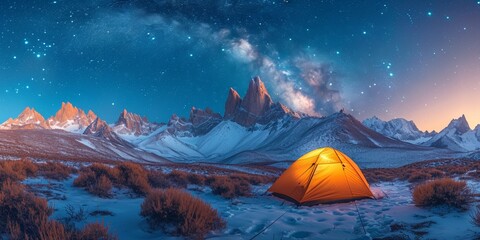 Wall Mural - Tent under the starry night sky in the mountains, illuminated by the beauty of the Milky Way.