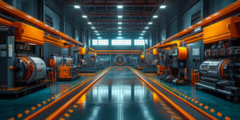 Interior of an industrial plant with modern equipment and production line, demonstrating technology and production automation.