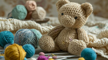 A Handmade Knitted Teddy Bear With Balls Of Yarn And Knitting Needles. The Concept Of Manual Labor, Hobbies, And Comfort. Photorealistic, Background With Bokeh Effect. 