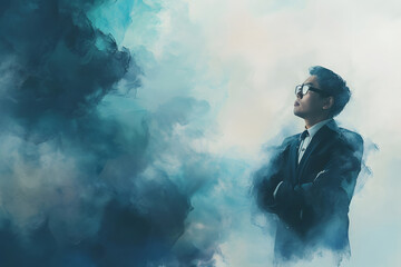 Picture of a man lost in thought, surrounded by a sad mist. Showing the idea of feeling sad and deep in thought.