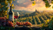 Wine Bottle And Grapes, A Bottle Of Wine And A Glass Of Wine On A Table In A Vineyard With A View Of The Countryside