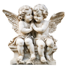A Marble Sculpture Of Two Cherub-like Angelic Figures, Intimately Leaning Towards Each Other, Conveying A Sense Of Innocence And Divine Love Isolated On Transparent Background