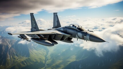 photo realistic fighter military jet, flying high, copy space, 16:9