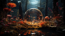 Mystical Crystal, Soap Ball Among Orange Flowers In A Dark, Enchanted Forest.