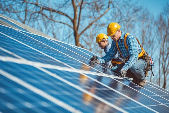 Team of two engineers installing solar panels on industrial factory roof.