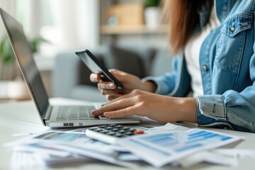 Woman managing home finances using smart phone calculator app and laptop