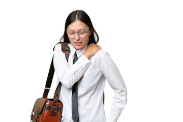 Wall Mural - Young Asian business woman over isolated background suffering from pain in shoulder for having made an effort