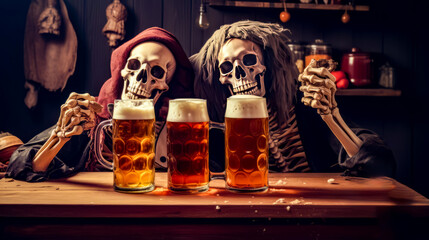 Wall Mural - Two skeletons sitting at table with mugs of beer in front of them.