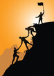 Silhouette of businessman helping each other hike up a mountain at sunrise background. Business, teamwork, success, achievement and help concept.