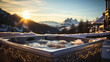 Hot vat on snowy terrace at mountains. Winter vacation concept with hot bath outside