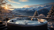 Hot vat on snowy terrace at mountains. Winter vacation concept with hot bath outside