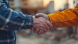 © @ArtUmbre - two men shaking hands in front of a construction site in the sun light, with a blurry background