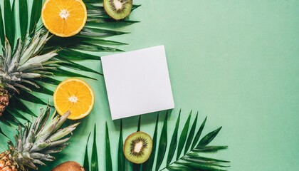 Sticker - summer composition tropical palm leaves fruits paper blank on mint green background summer concept flat lay top view copy space