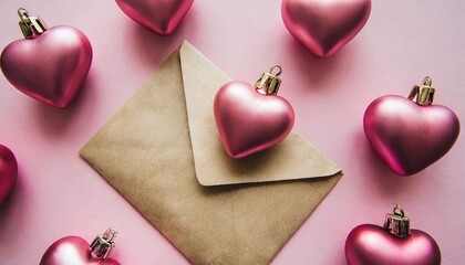 Poster - valentines day concept flat lay composition of pink heart shaped baubles on pastel pink background and envelope with letter in the middle lovers holiday card idea