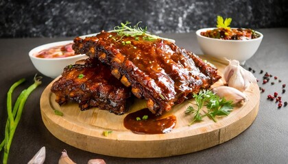 Wall Mural - delicious barbeque pork ribs glazed with sticky spicy sauce on wood cutting board traditional american cuisine dish hearty comfort food