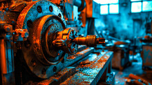 Industrial Workshop Machinery: A Background Showcasing Metallic Industrial Equipment, Steel Work, And Machinery In A Vintage Setting