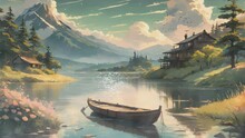 Landscape With Lake, Mountains And Wooden Boat On The Water. Cartoon Or Anime Watercolor Digital Painting Illustration Style. Seamless Looping 4k Video Animation Background.