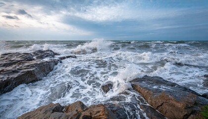 Wall Mural - powerful waves on a rocky beach