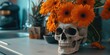 Modern Halloween: Skull and Orange Flower Bouquet Decoration for Living Room