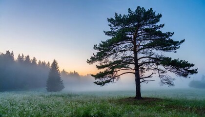 Wall Mural - pine tree in a clearing in the evening fog