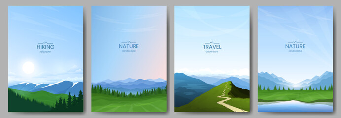 Wall Mural - collection of mountain landscapes. mountains and forest, green valley and river, blue sky, path lead