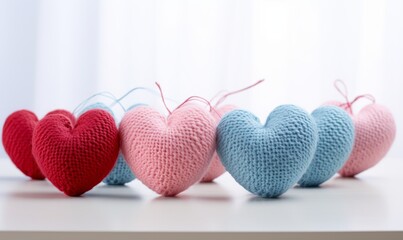 Wall Mural - Colorful knitted hearts on a light background. Valentines day concept.