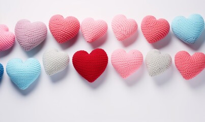Wall Mural - Colorful knitted hearts on a light background. Valentines day concept.