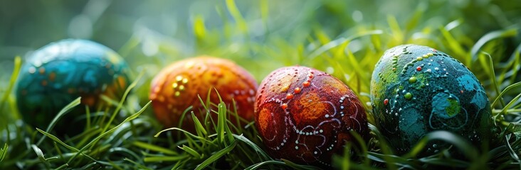 Wall Mural - Colorful easter eggs are on a beautiful flower field