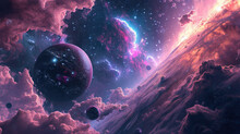 Abstract Space Landscape Background With Alien World And Hazy Sky In Original Colors