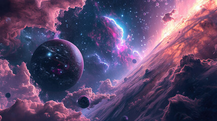 Abstract space landscape background with alien world and hazy sky in original colors