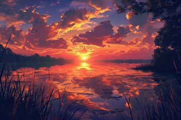 Canvas Print - a beautiful calm relaxing sunset wallpaper anime