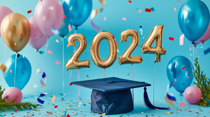 Wall Mural - Graduation poster 2024. Graduate cap with balloons and confetti.
