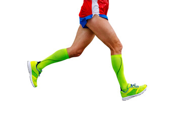 Wall Mural - legs runner athlete running marathon in green compression socks isolated on transparent background