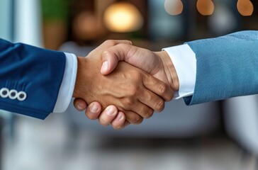 two businessmen shaking hands in the room.