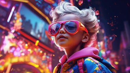 A little girl in vibrant clothes and glasses against the backdrop of augmented reality