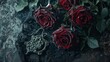 A gothic funeral setting with black lace, dark red roses and a vintage locket on a deep, richly textured background. 