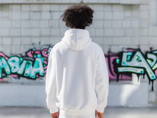 Wall Mural - Guy wearing a white hoodie for mock-up, a back view photo of young man wearing a white sweatshirt standing in front of graffiti wall showing his back, street fashion mockup