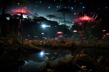 Poster - fantasy alien plants on space. Generative Ai